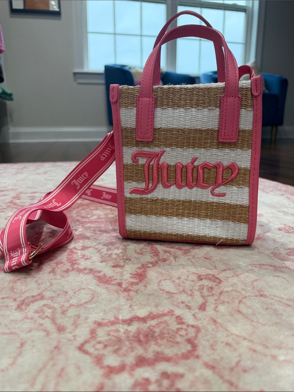 Juicy Couture Pink & Natural Straw Mini Tote with Logo Strap